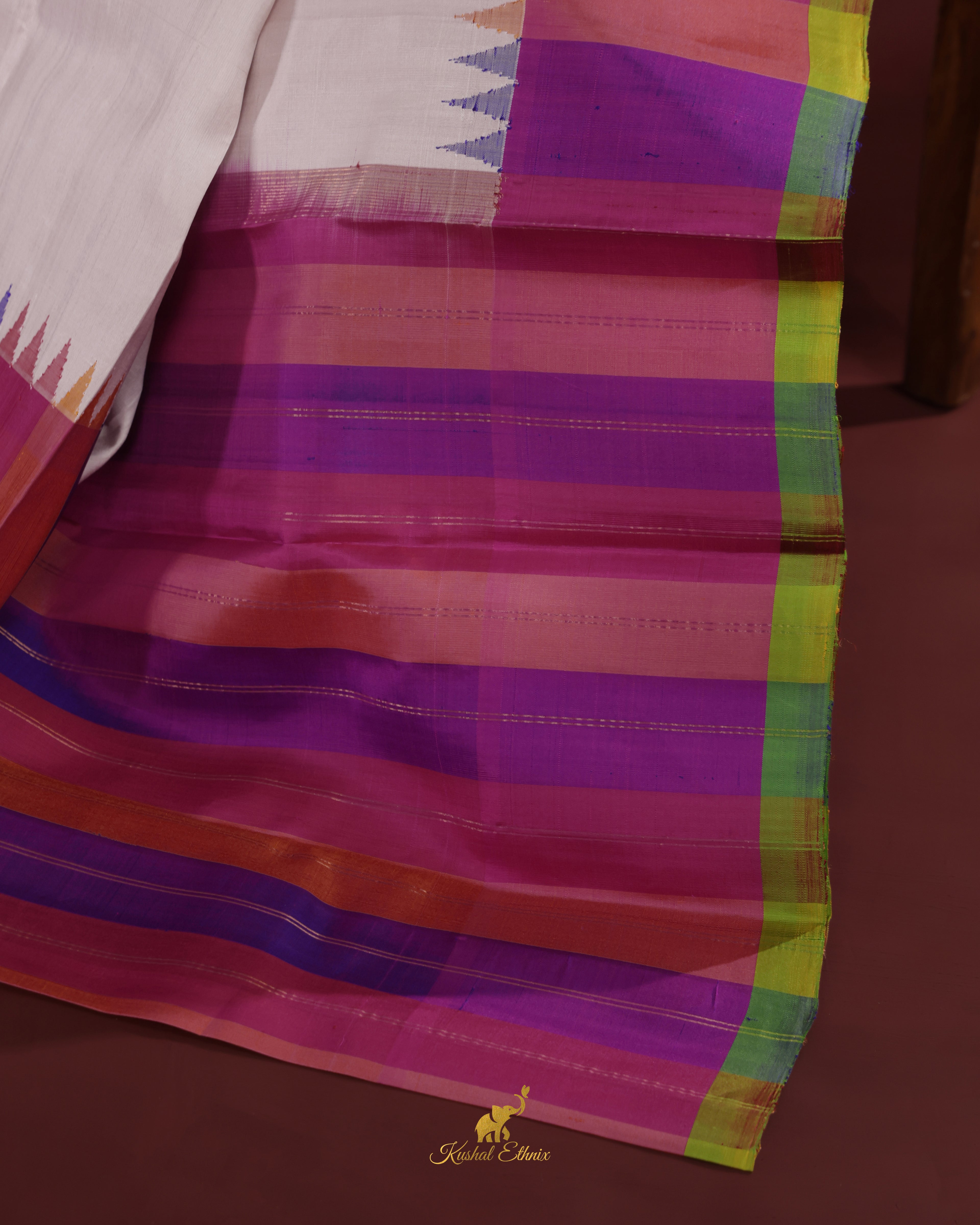 White Gadwal Saree with Multicolour Border