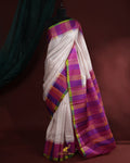 White Gadwal Saree with Multicolour Border
