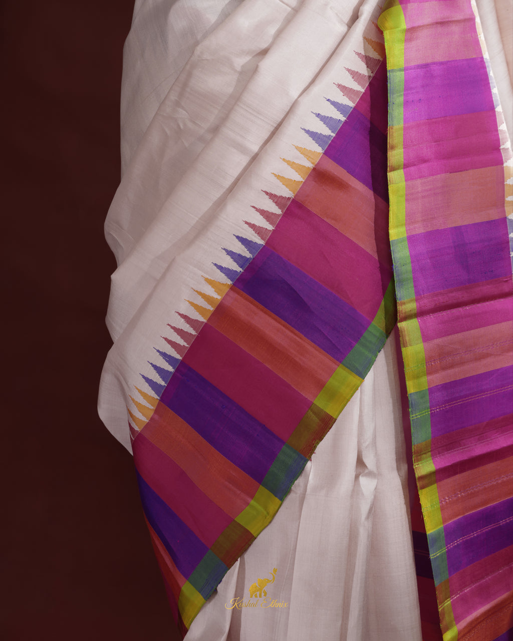 White Gadwal Saree with Multicolour Border