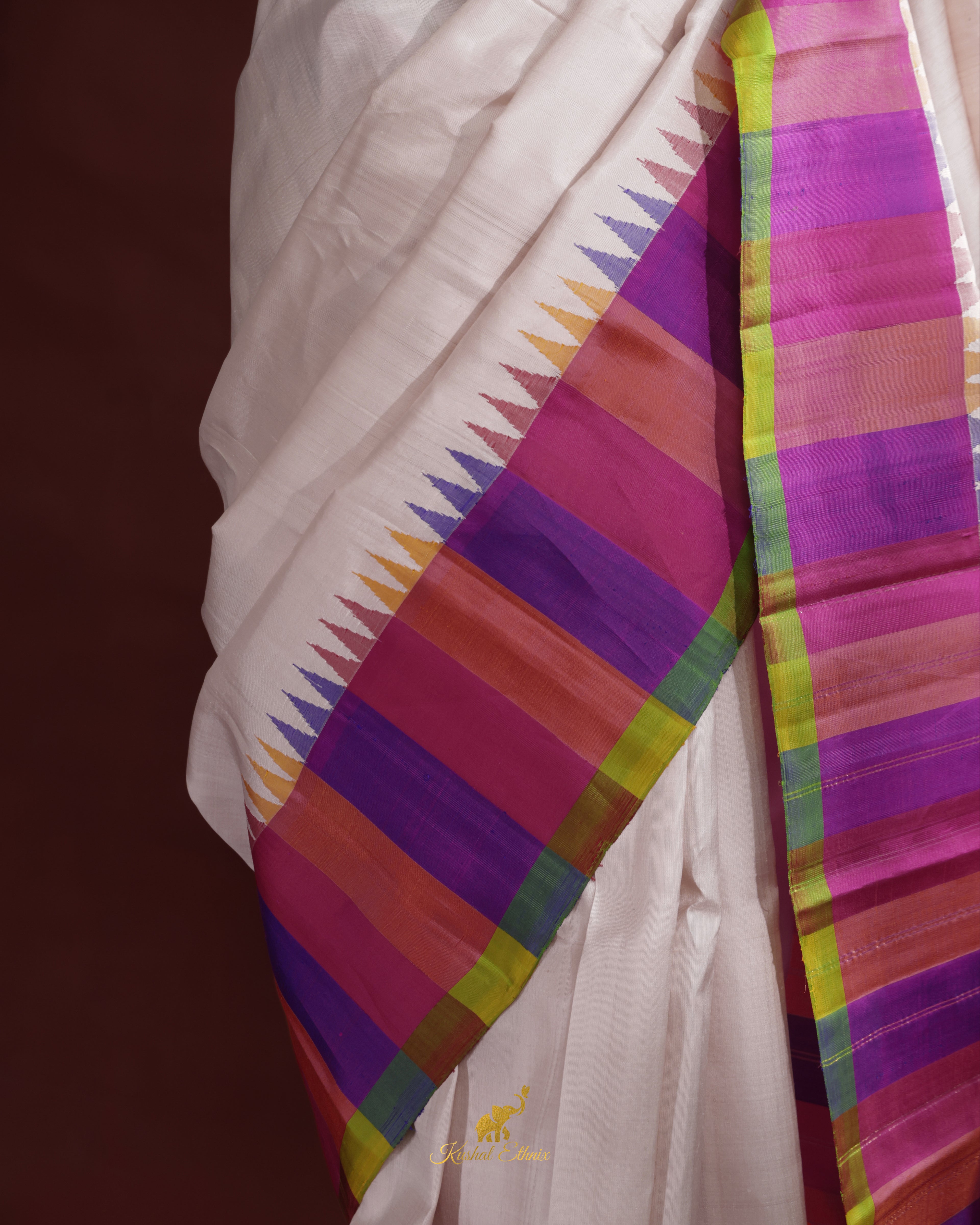 White Gadwal Saree with Multicolour Border