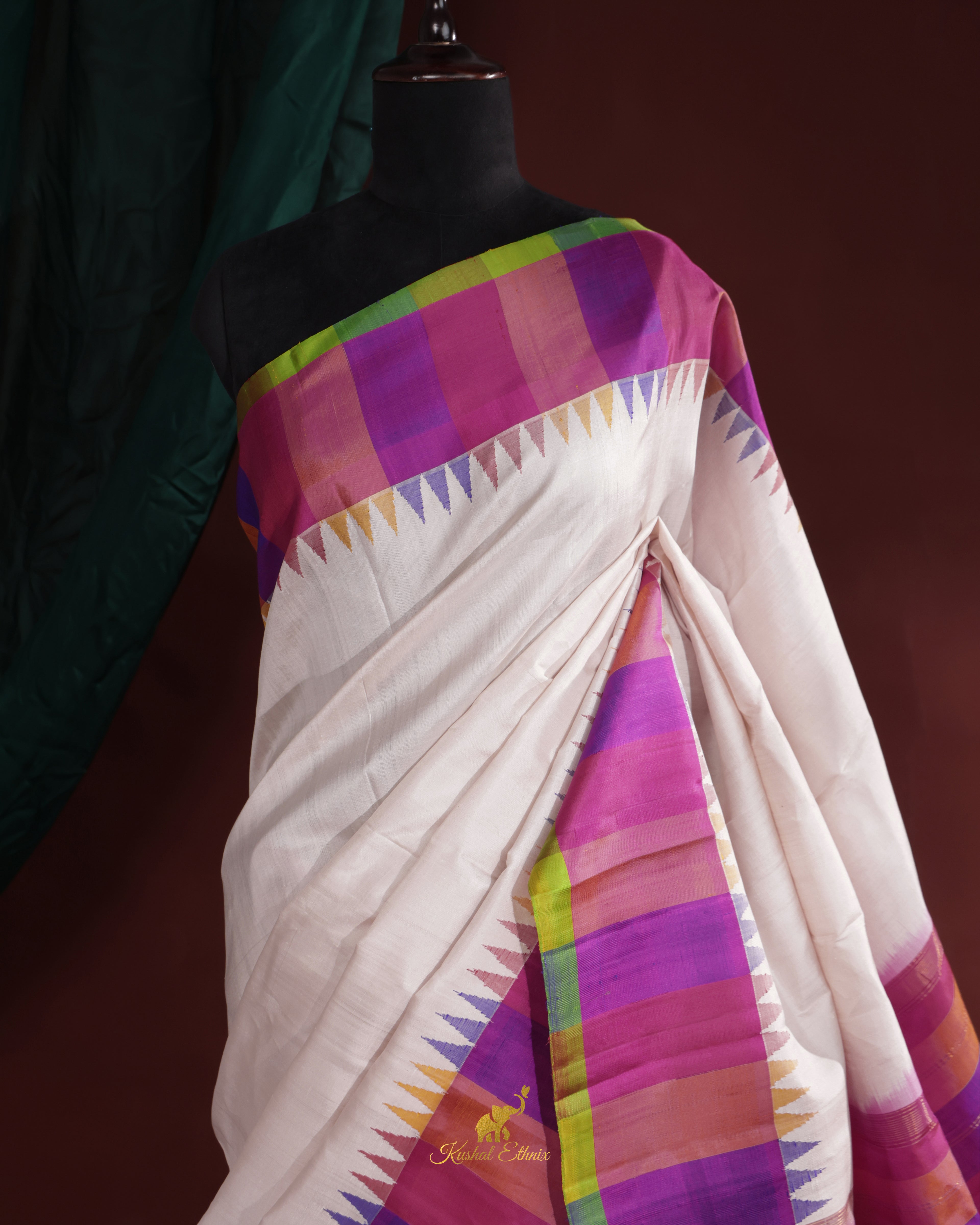 White Gadwal Saree with Multicolour Border