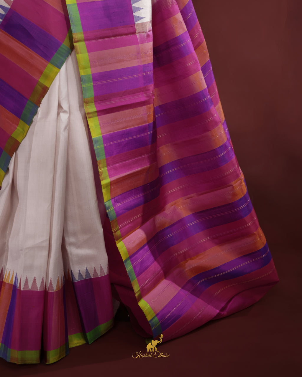 White Gadwal Saree with Multicolour Border