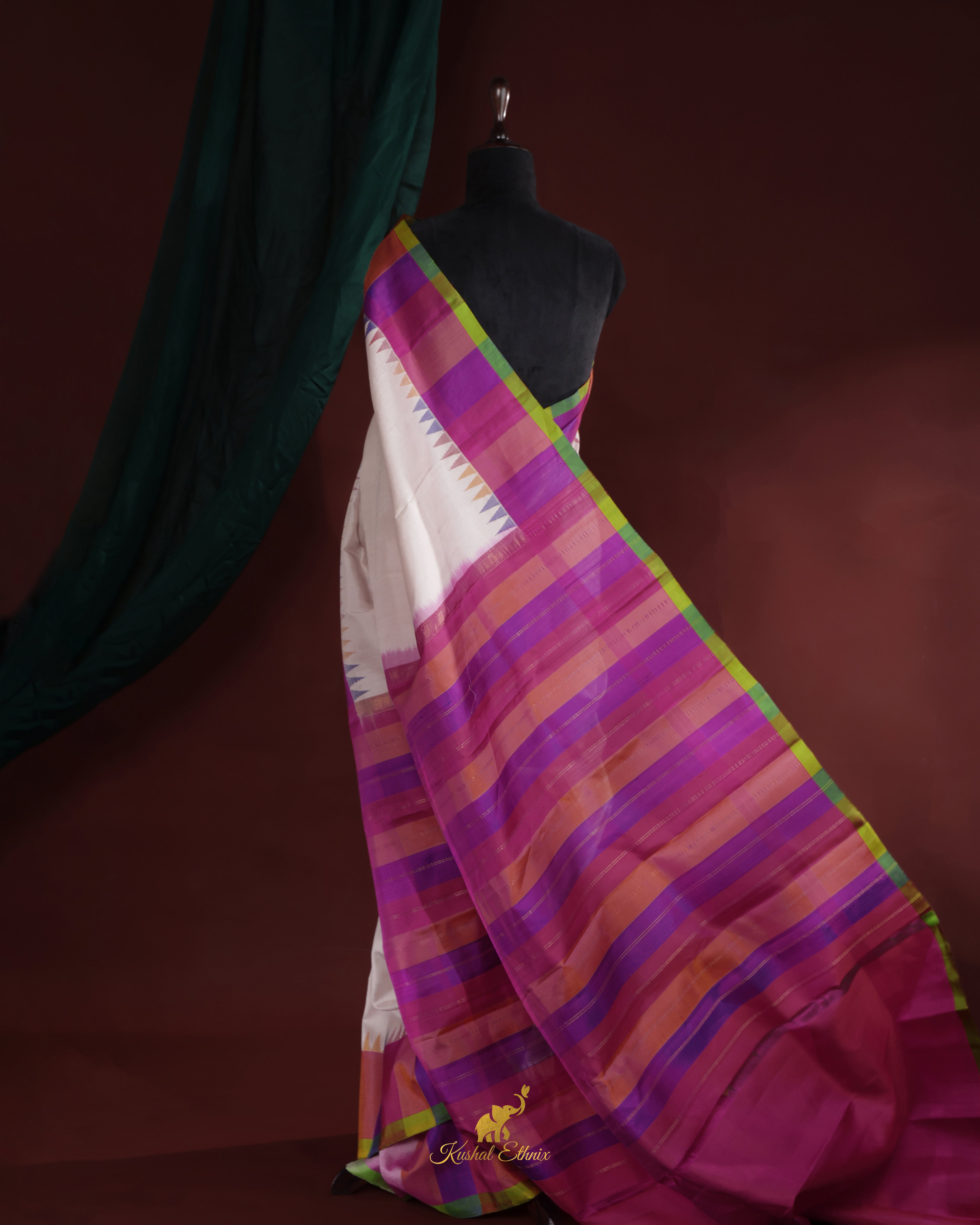 White Gadwal Saree with Multicolour Border