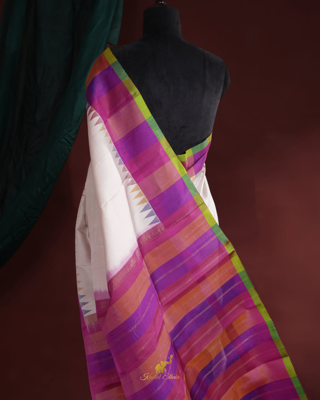 White Gadwal Saree with Multicolour Border