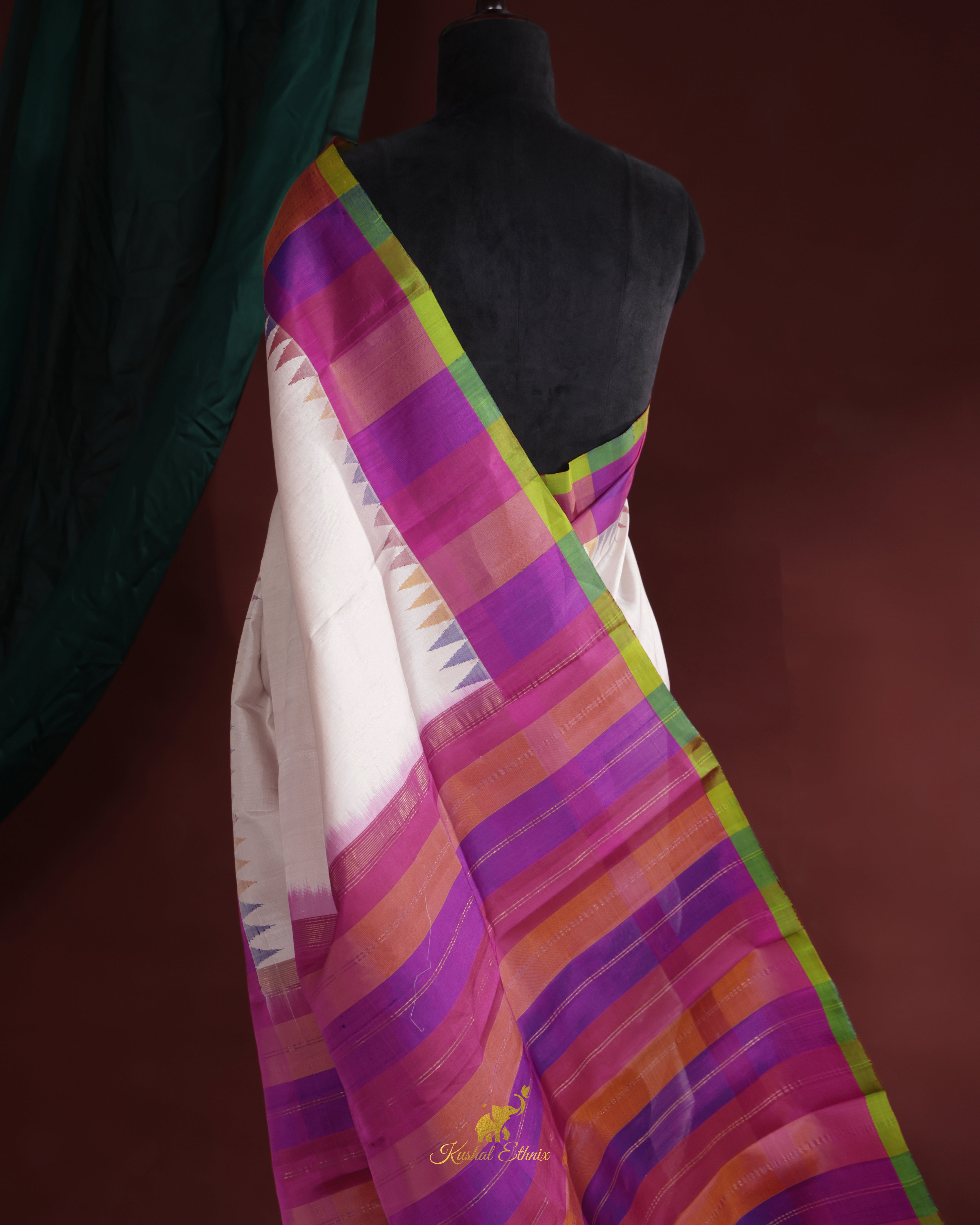 White Gadwal Saree with Multicolour Border
