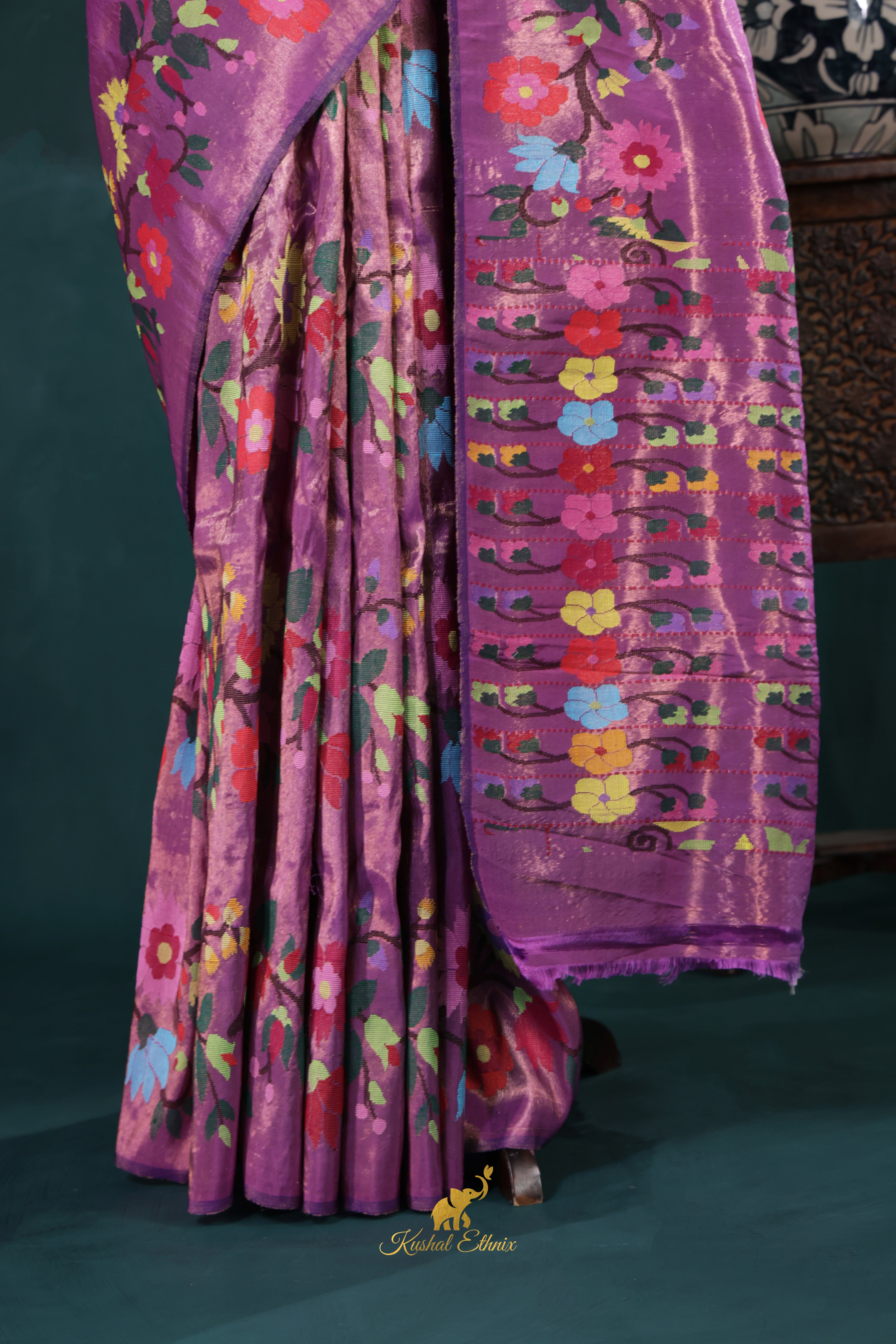 Lavender 4-Ply Zari Kota Saree with Multicolour Floral Woven Design