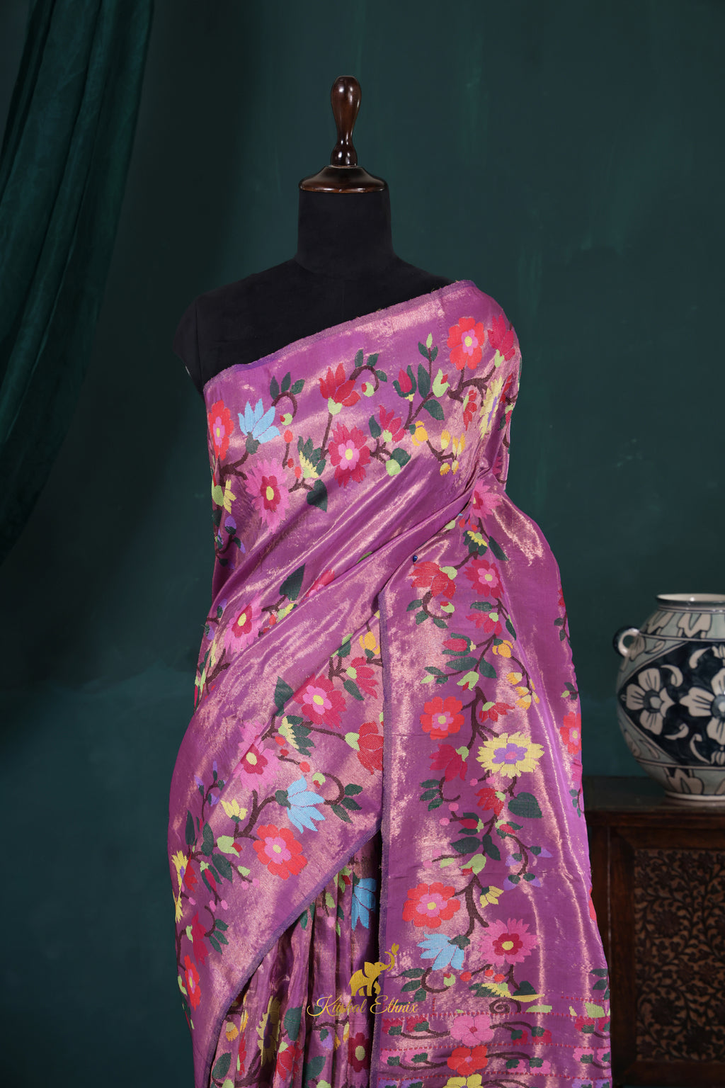 Lavender 4-Ply Zari Kota Saree with Multicolour Floral Woven Design
