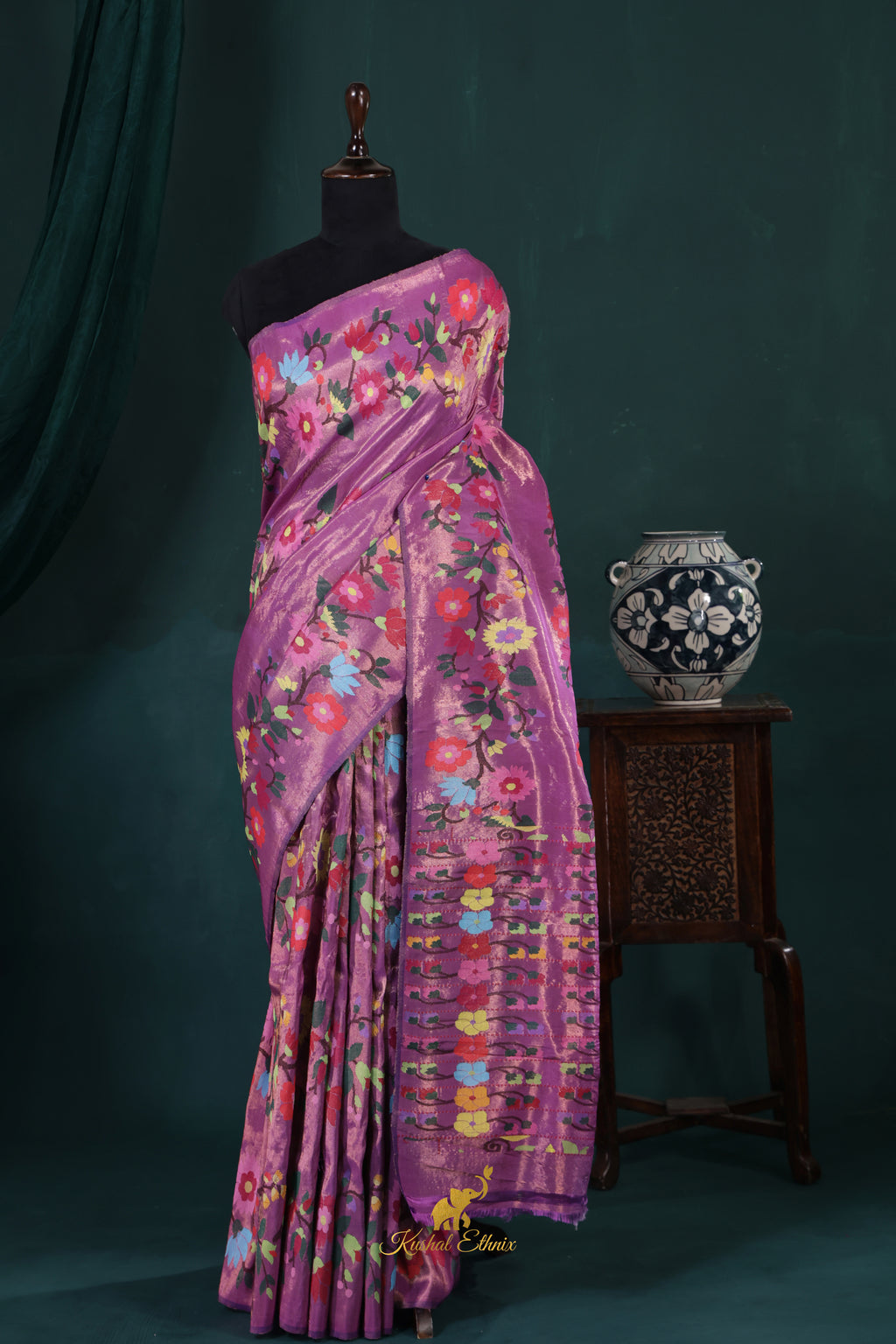 Lavender 4-Ply Zari Kota Saree with Multicolour Floral Woven Design