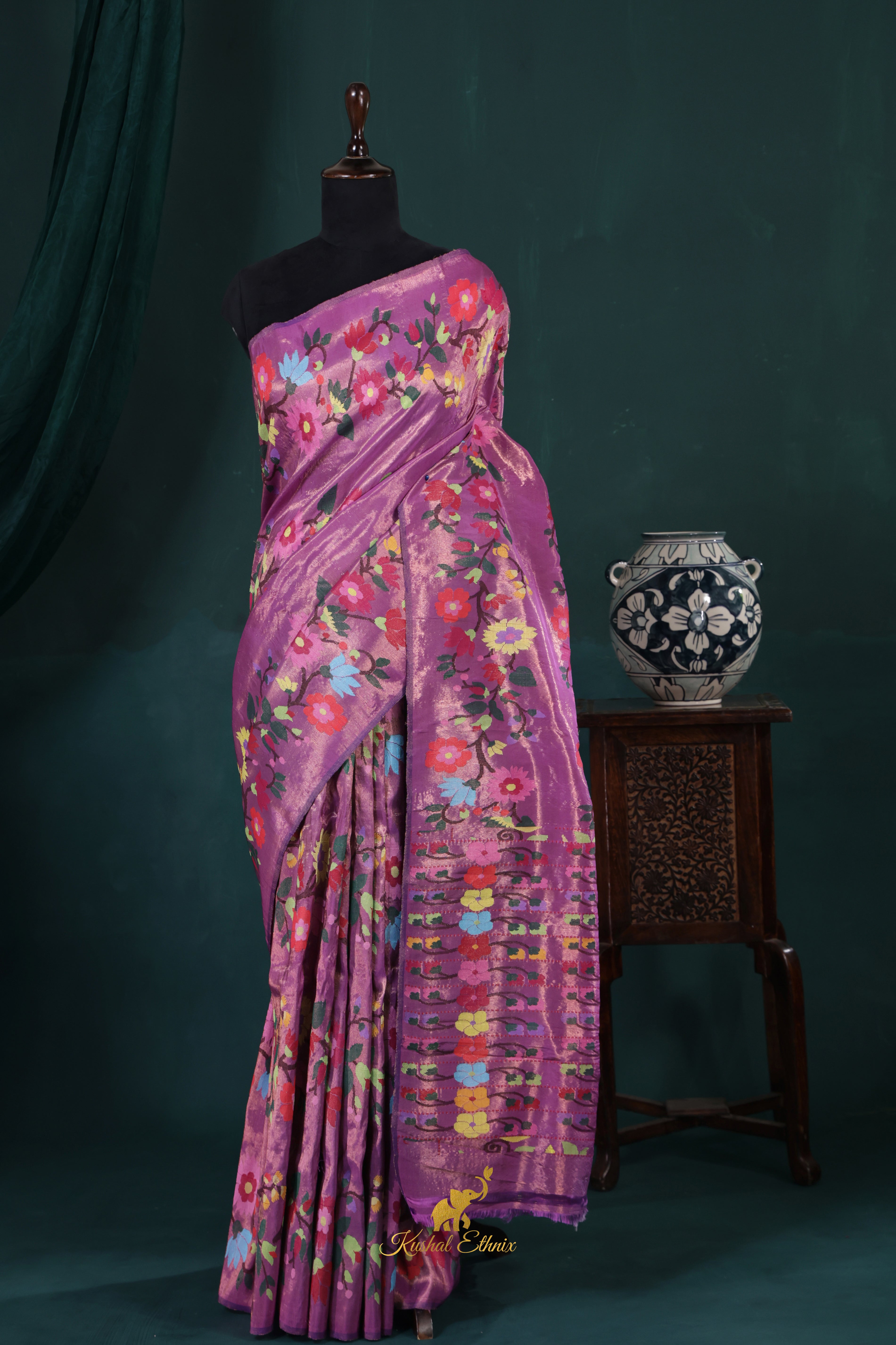 Lavender 4-Ply Zari Kota Saree with Multicolour Floral Woven Design