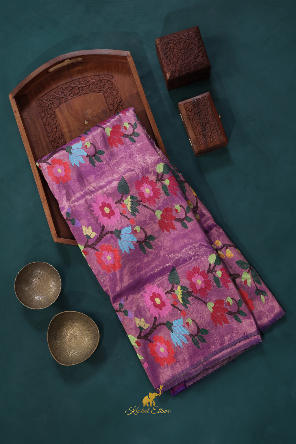 Lavender 4-Ply Zari Kota Saree with Multicolour Floral Woven Design