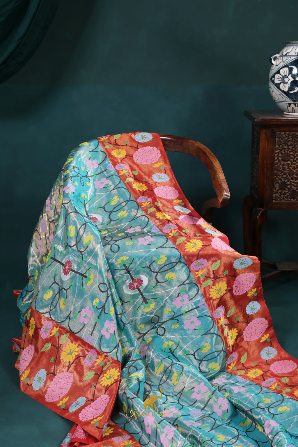 4-Ply Zari Kota Saree in Aqua Blue & Copper Orange