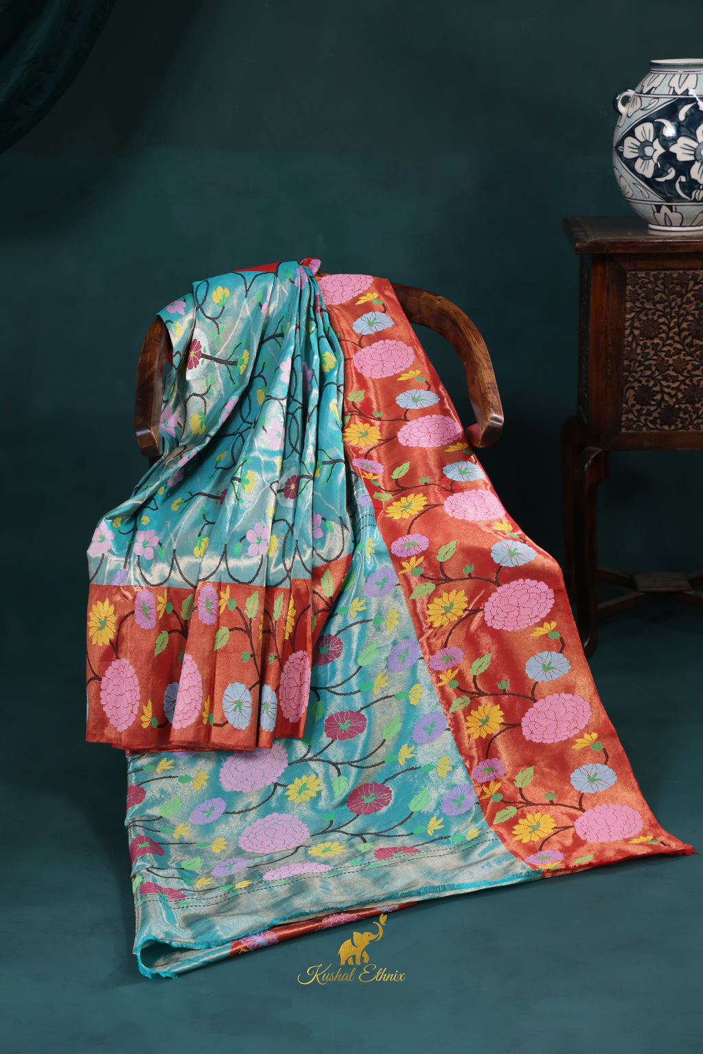 4-Ply Zari Kota Saree in Aqua Blue & Copper Orange