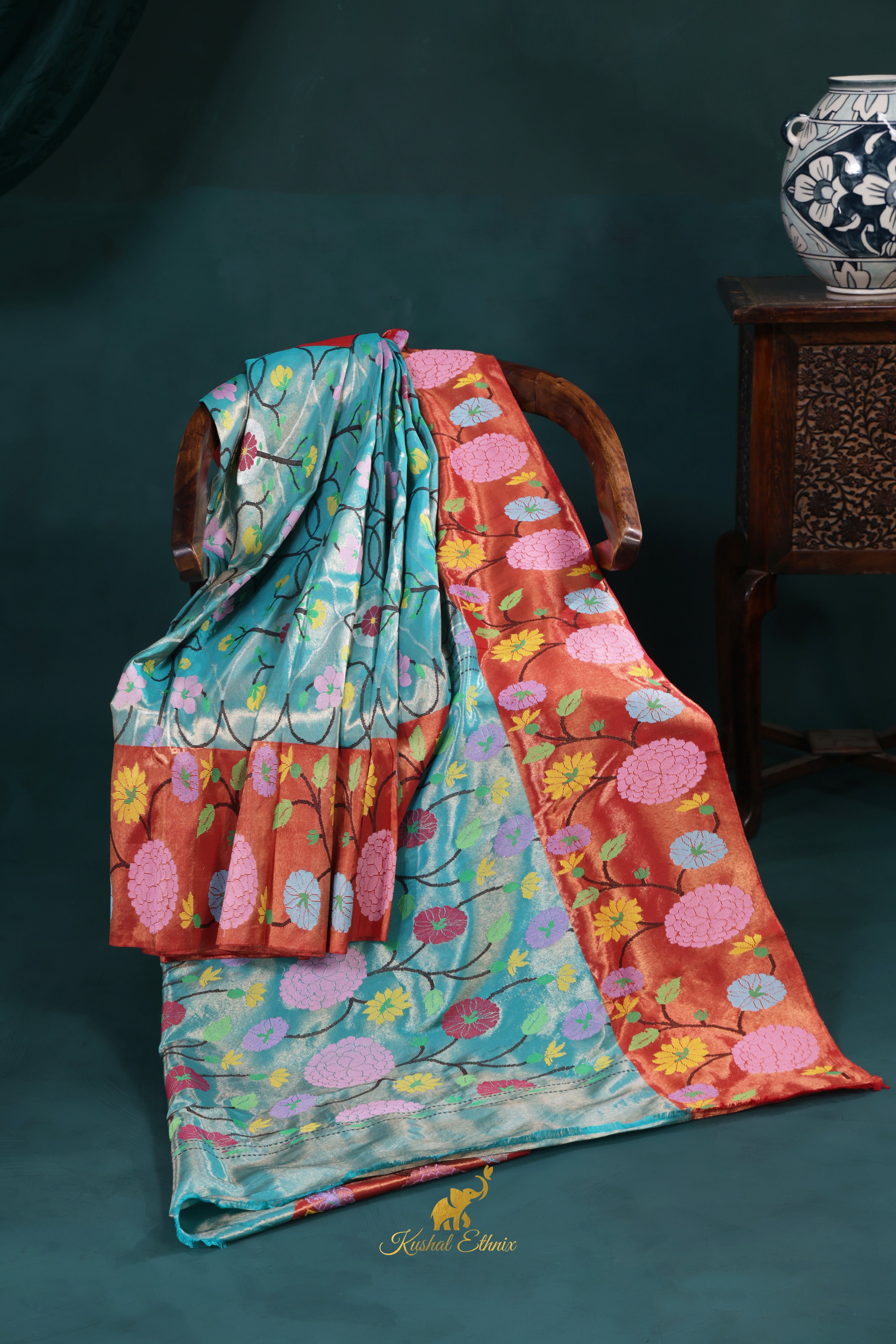 4-Ply Zari Kota Saree in Aqua Blue & Copper Orange