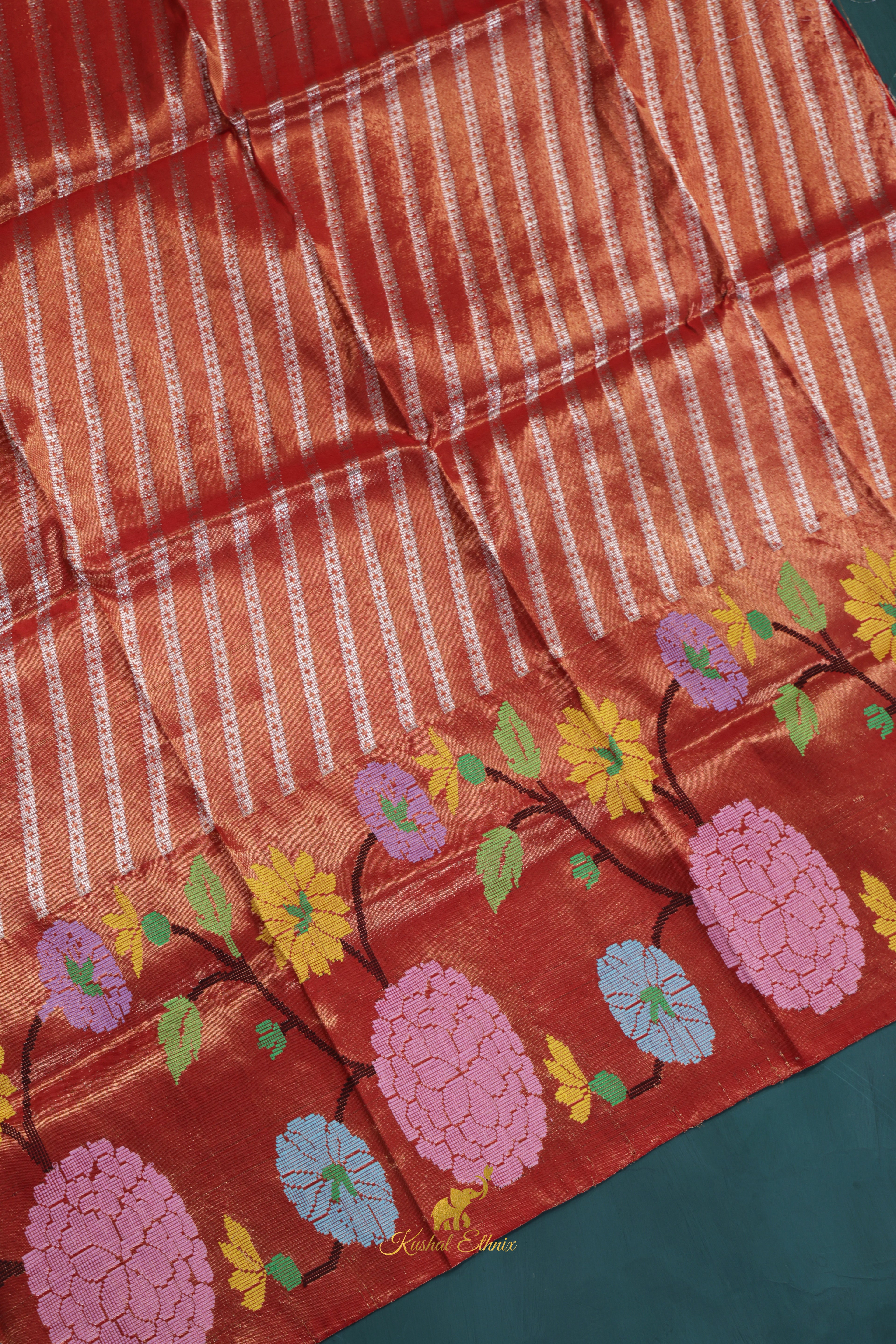 4-Ply Zari Kota Saree in Aqua Blue & Copper Orange
