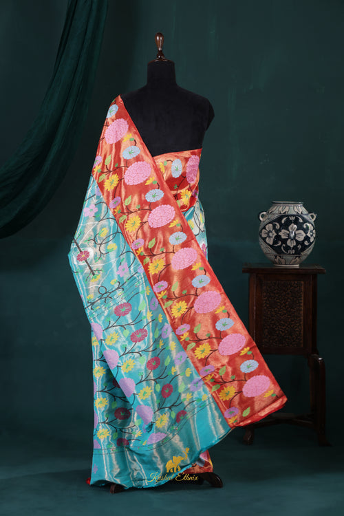 4-Ply Zari Kota Saree in Aqua Blue & Copper Orange