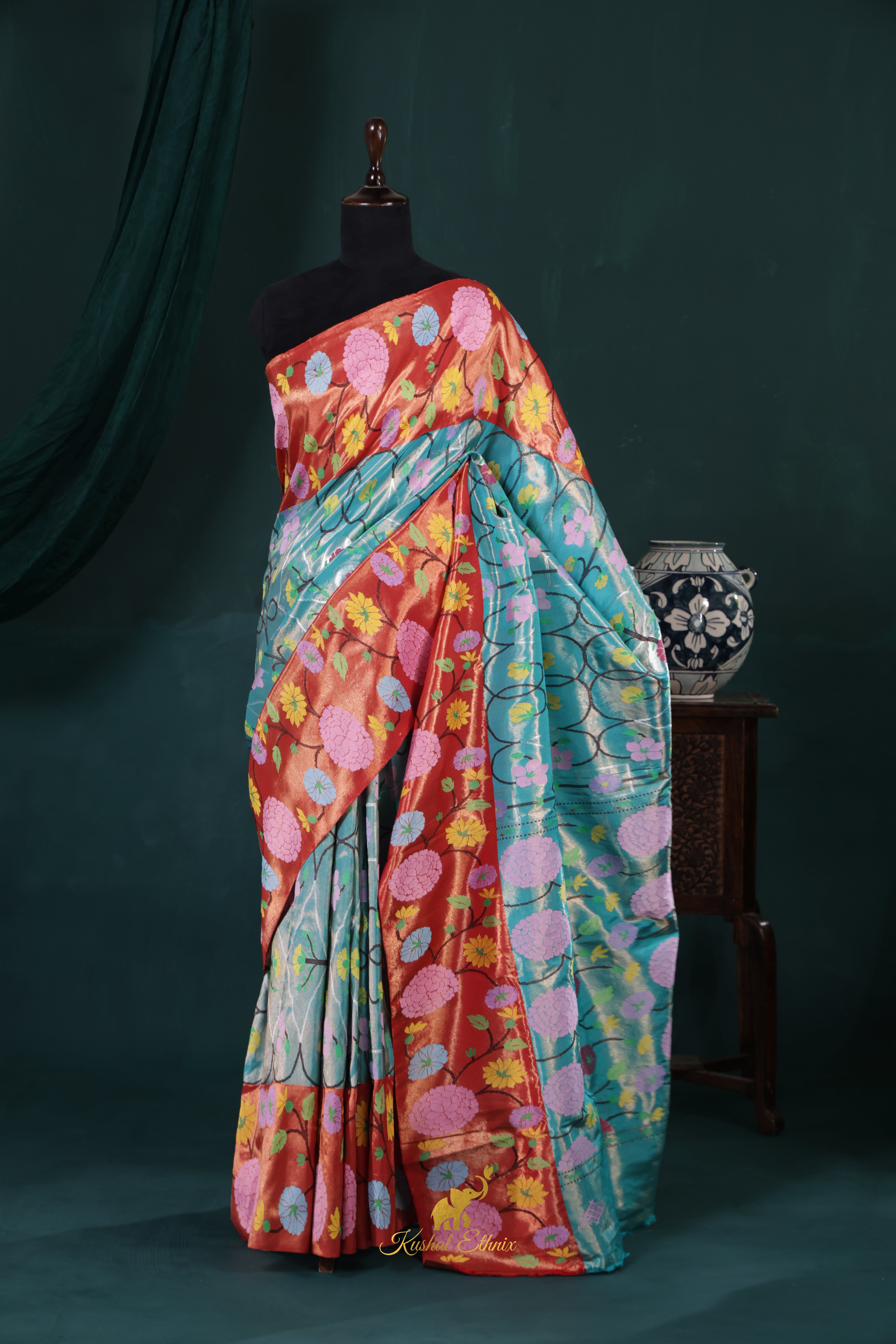 4-Ply Zari Kota Saree in Aqua Blue & Copper Orange