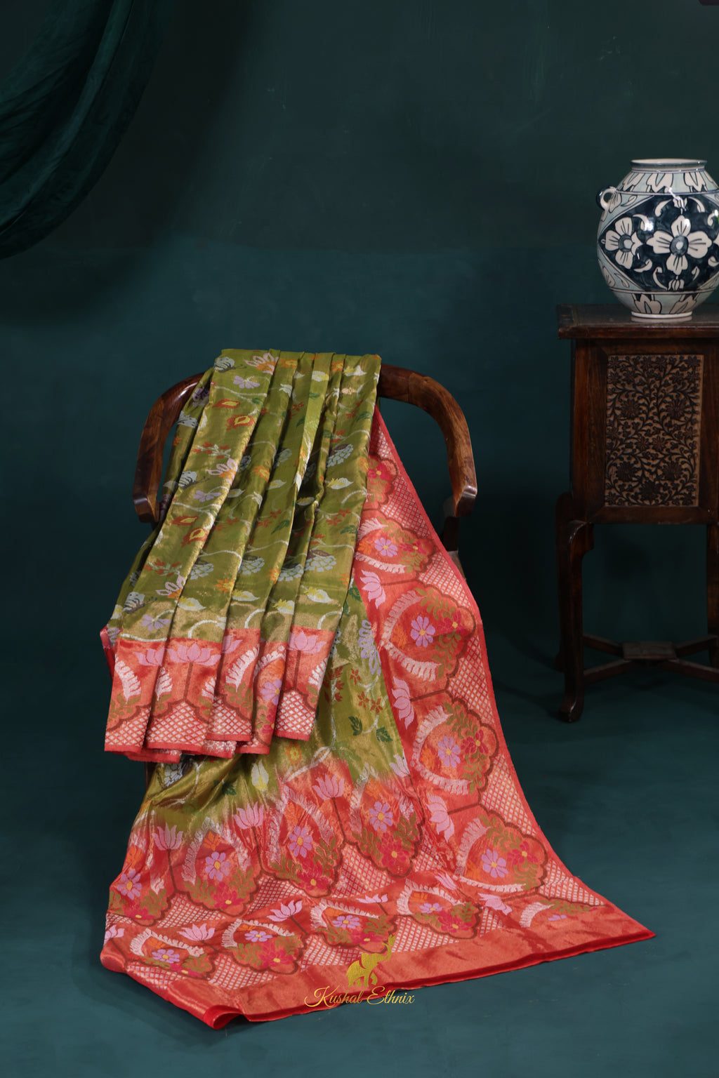 4-Ply Zari Kota Saree – Olive Green & Coral Pink