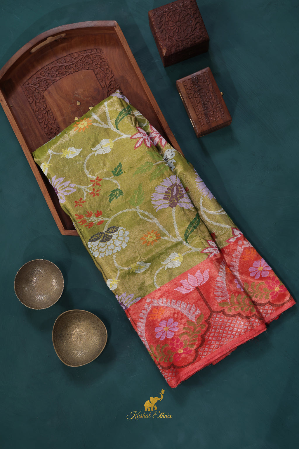 4-Ply Zari Kota Saree – Olive Green & Coral Pink