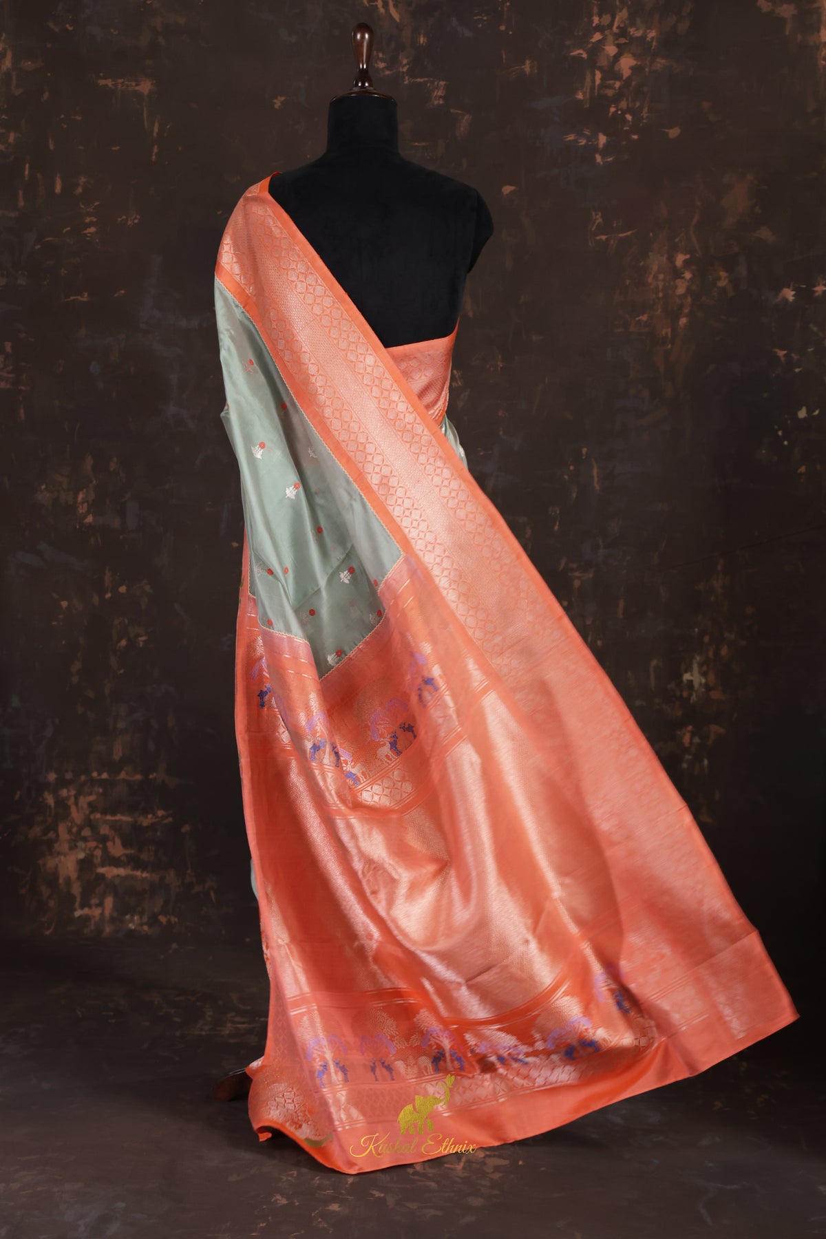Sage green and Coral Fusion Pattu Saree