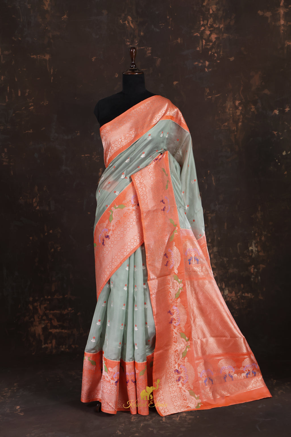 Sage green and Coral Fusion Pattu Saree
