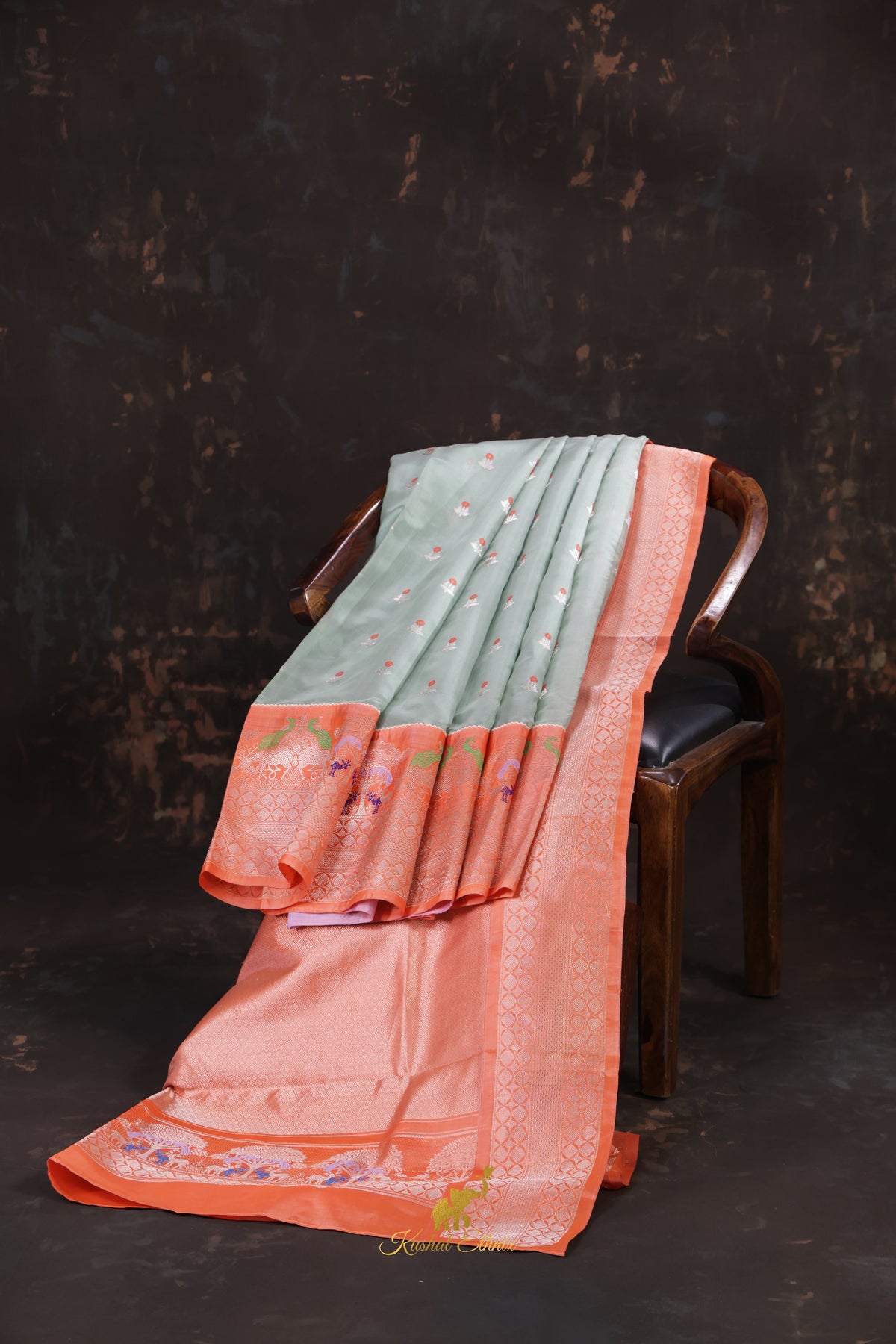 Sage green and Coral Fusion Pattu Saree