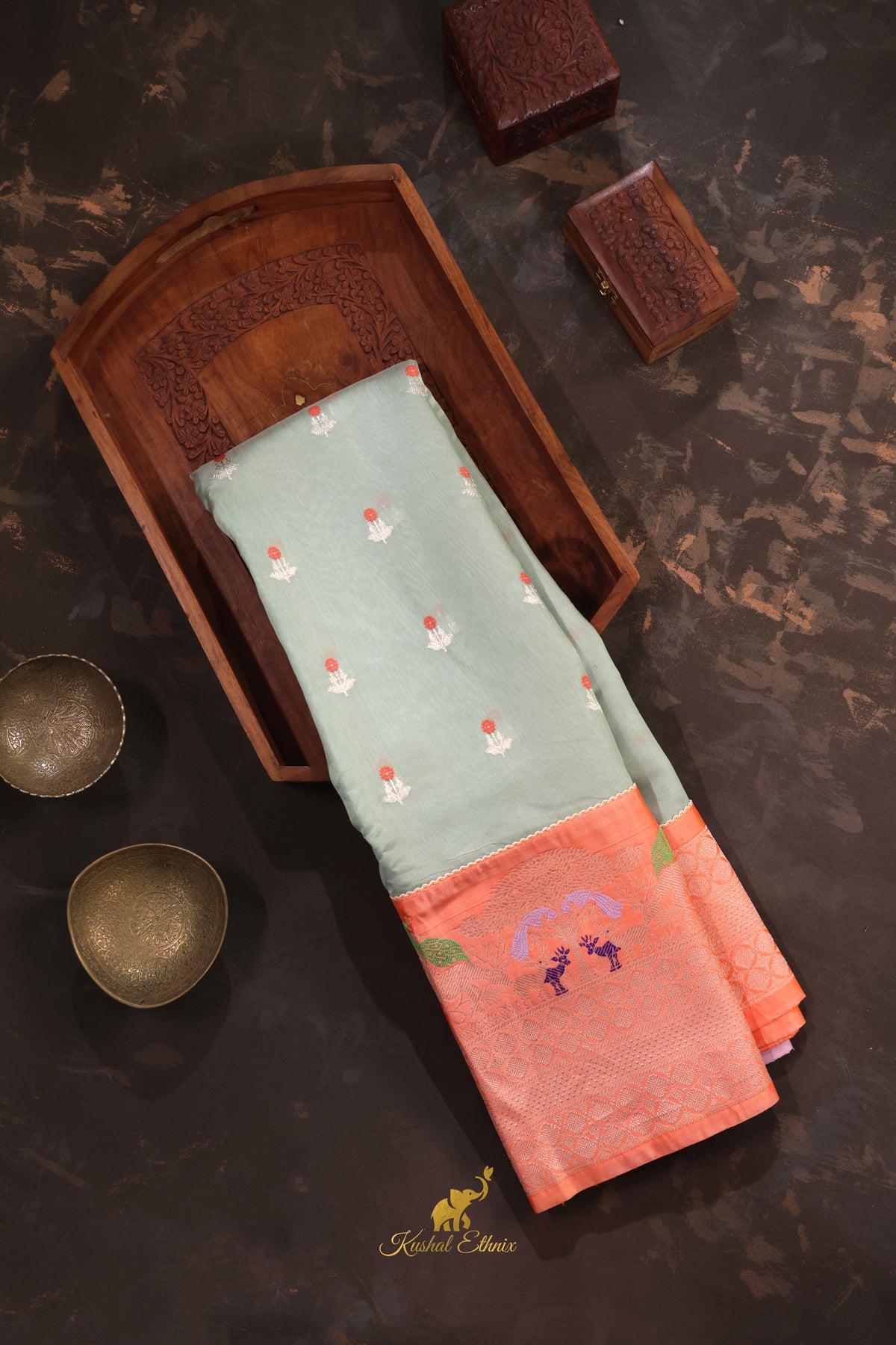 Sage green and Coral Fusion Pattu Saree