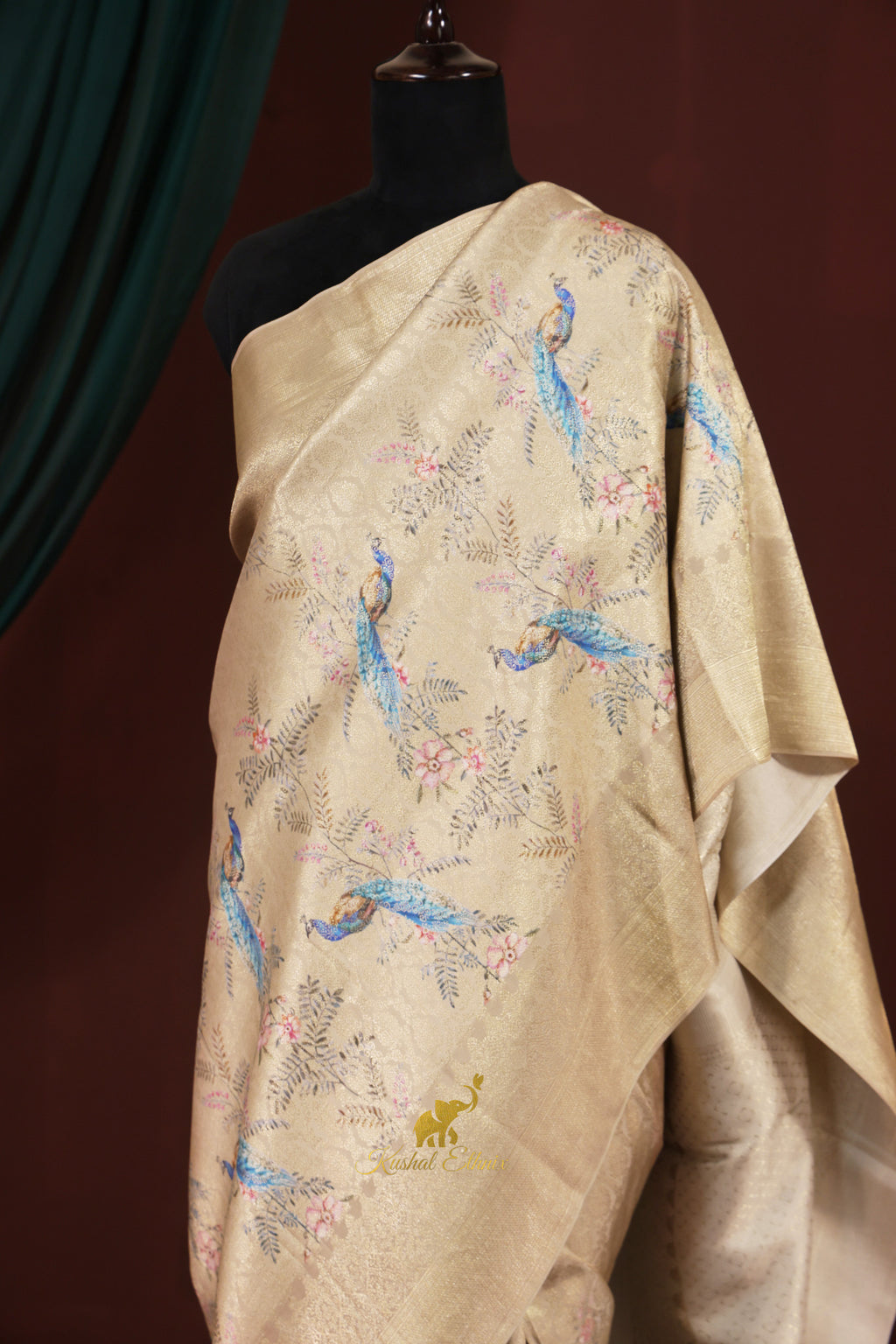 Gold Kanchipattu Saree with Digital Print