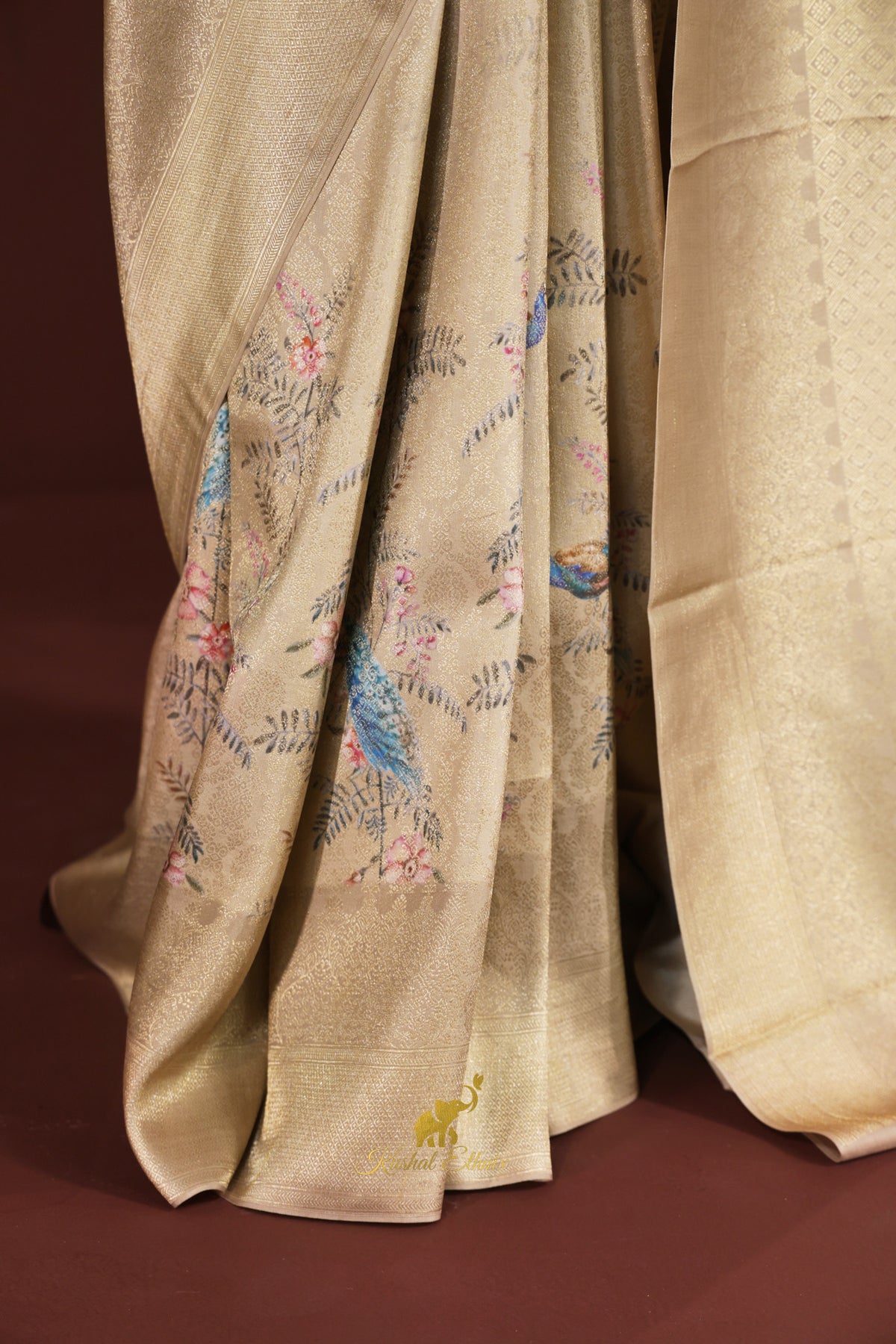 Gold Kanchipattu Saree with Digital Print