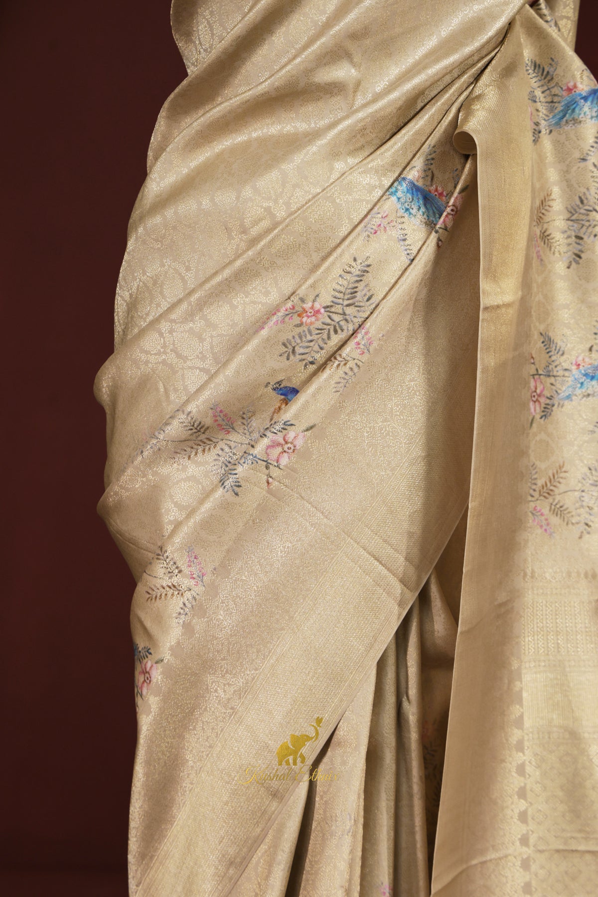 Gold Kanchipattu Saree with Digital Print