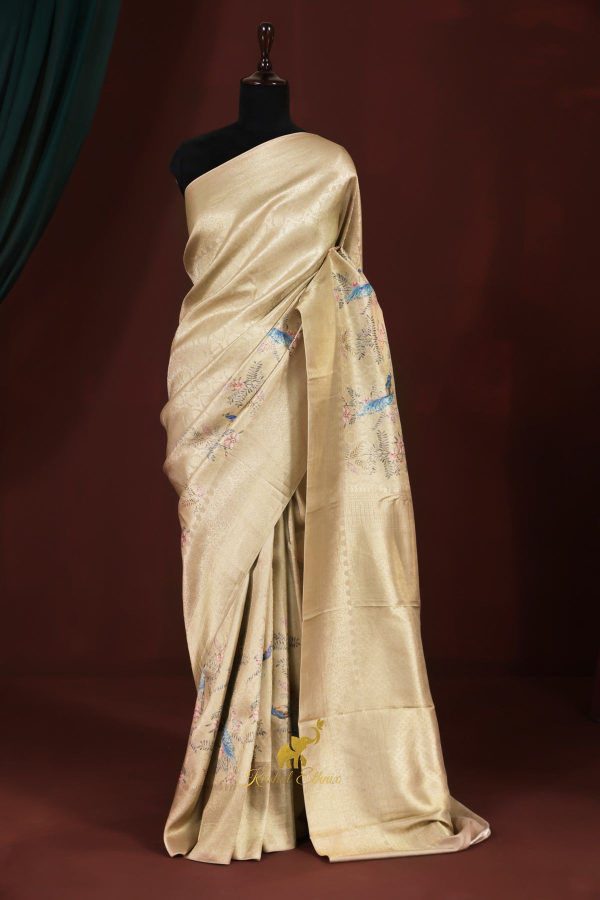 Gold Kanchipattu Saree with Digital Print