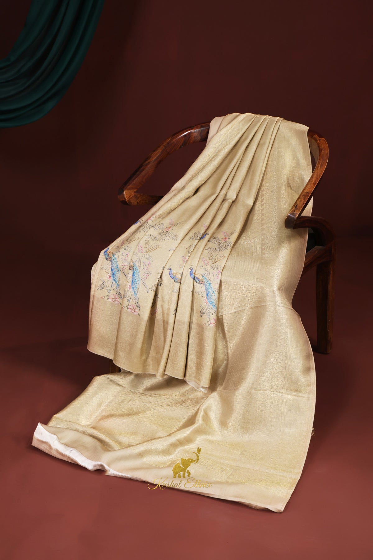 Gold Kanchipattu Saree with Digital Print
