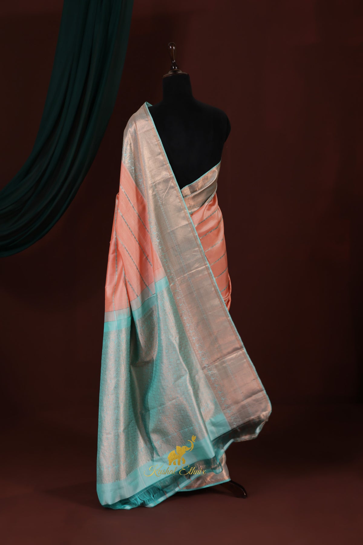 Peach & Aqua Half-and-Half Fusion Pattu Saree