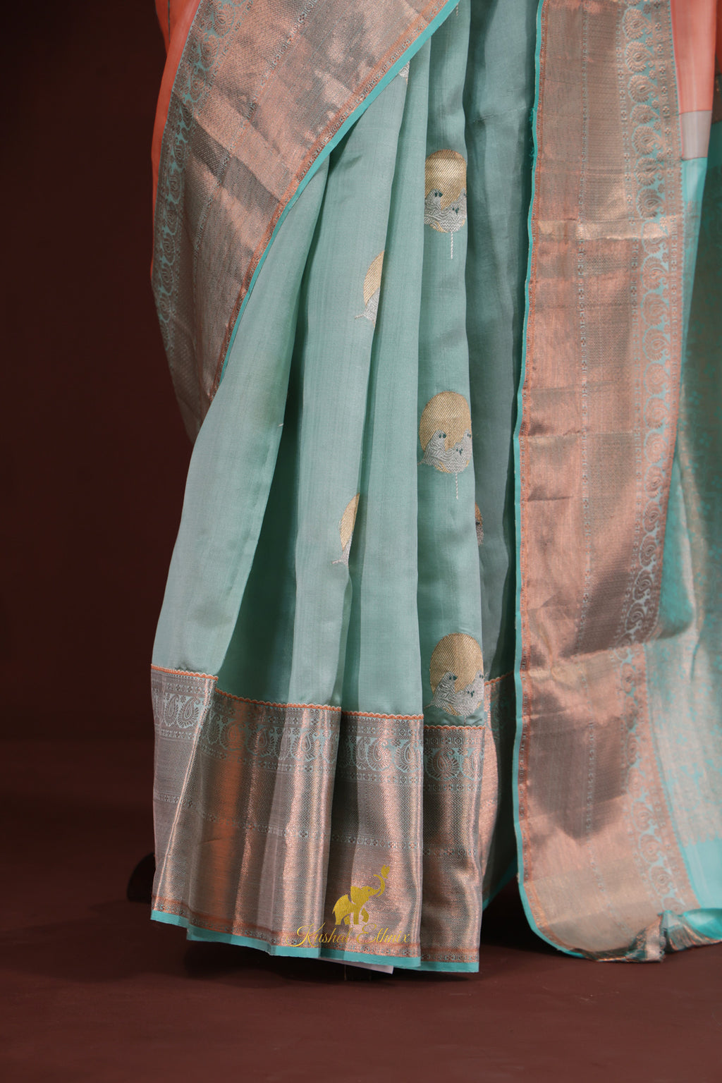 Peach & Aqua Half-and-Half Fusion Pattu Saree