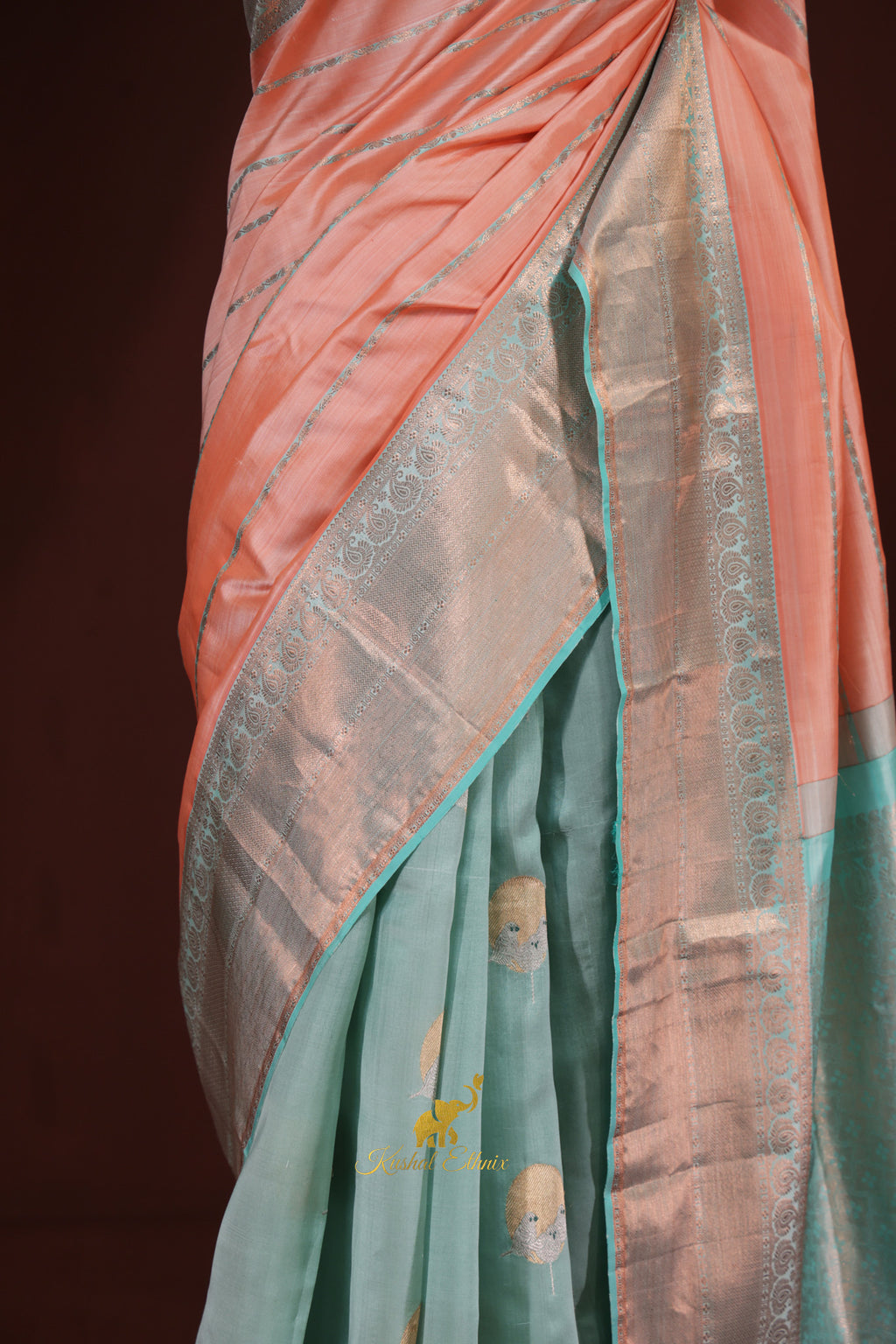 Peach & Aqua Half-and-Half Fusion Pattu Saree