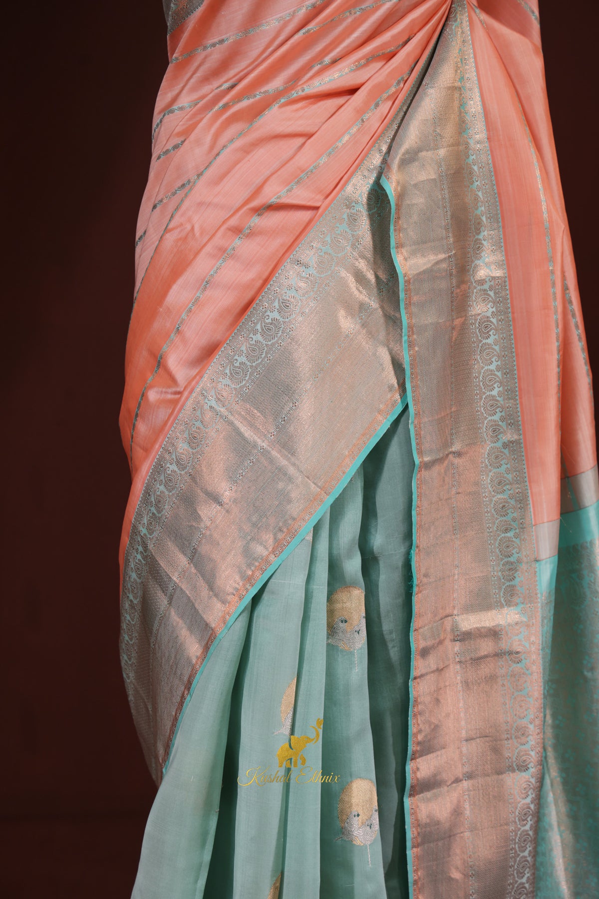 Peach & Aqua Half-and-Half Fusion Pattu Saree