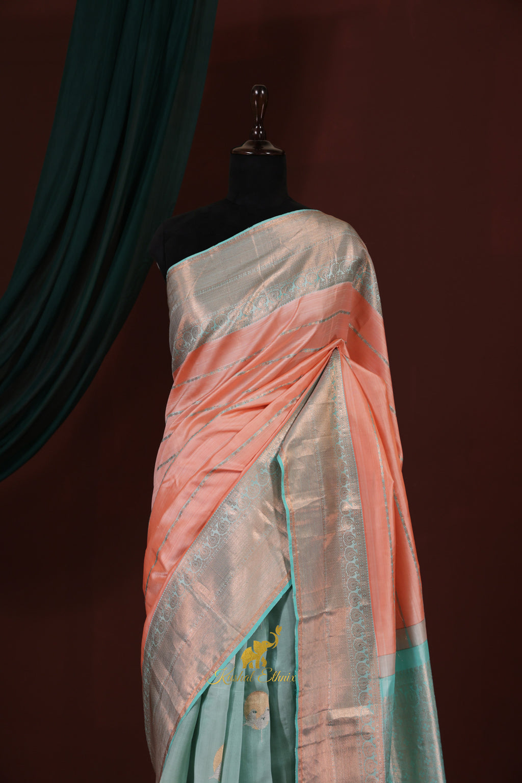 Peach & Aqua Half-and-Half Fusion Pattu Saree