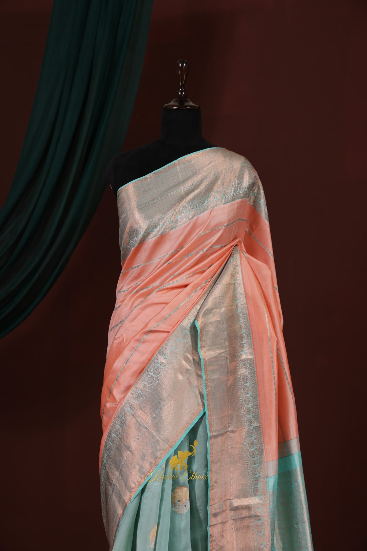 Peach & Aqua Half-and-Half Fusion Pattu Saree