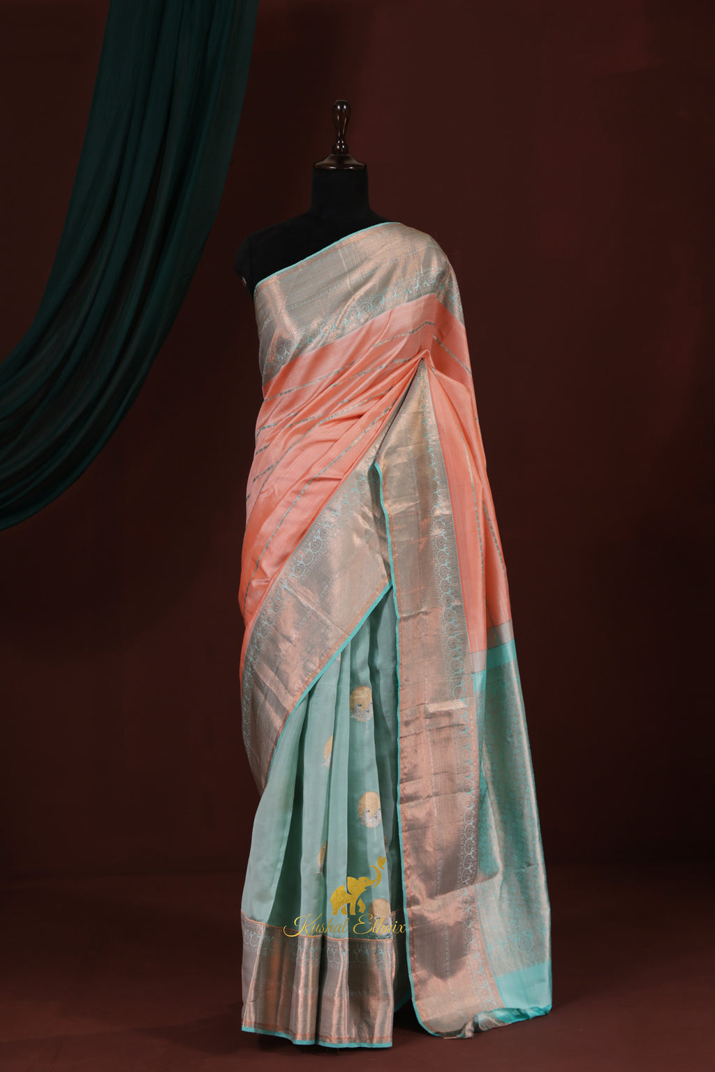 Peach & Aqua Half-and-Half Fusion Pattu Saree