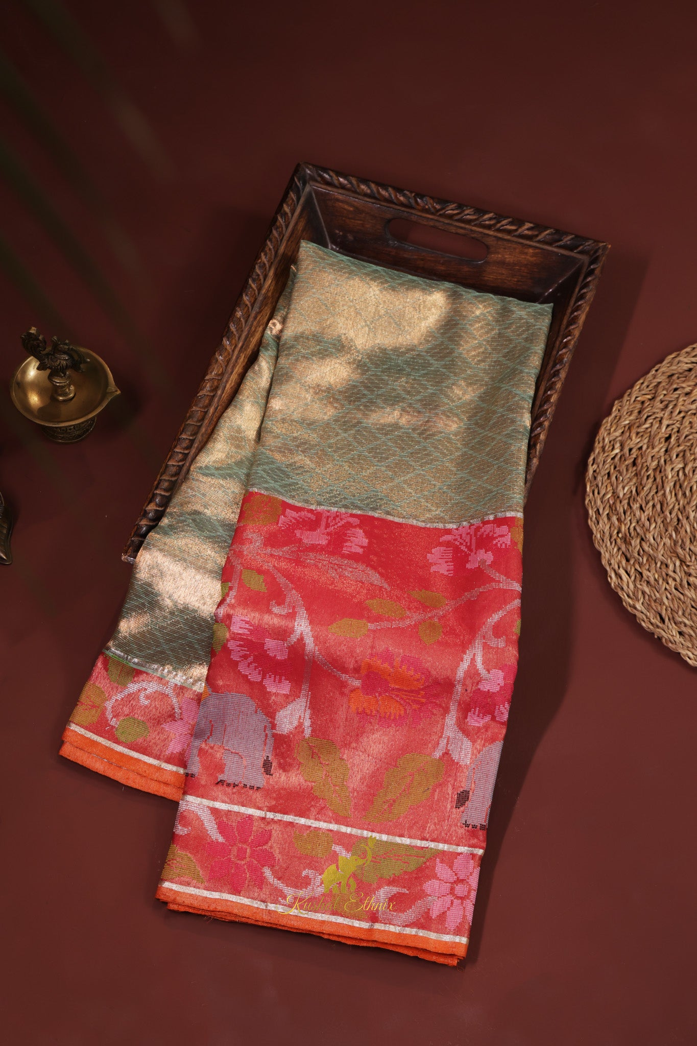 Sage green and Coral pink Double tissue zarikota saree