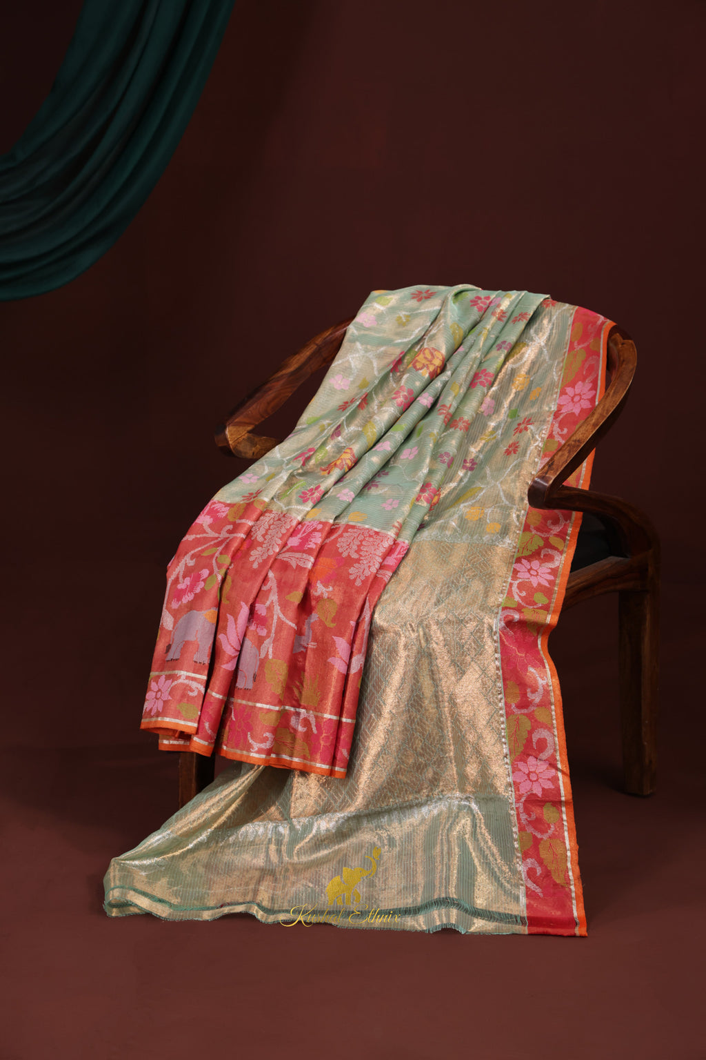 Sage green and Coral pink Double tissue zarikota saree