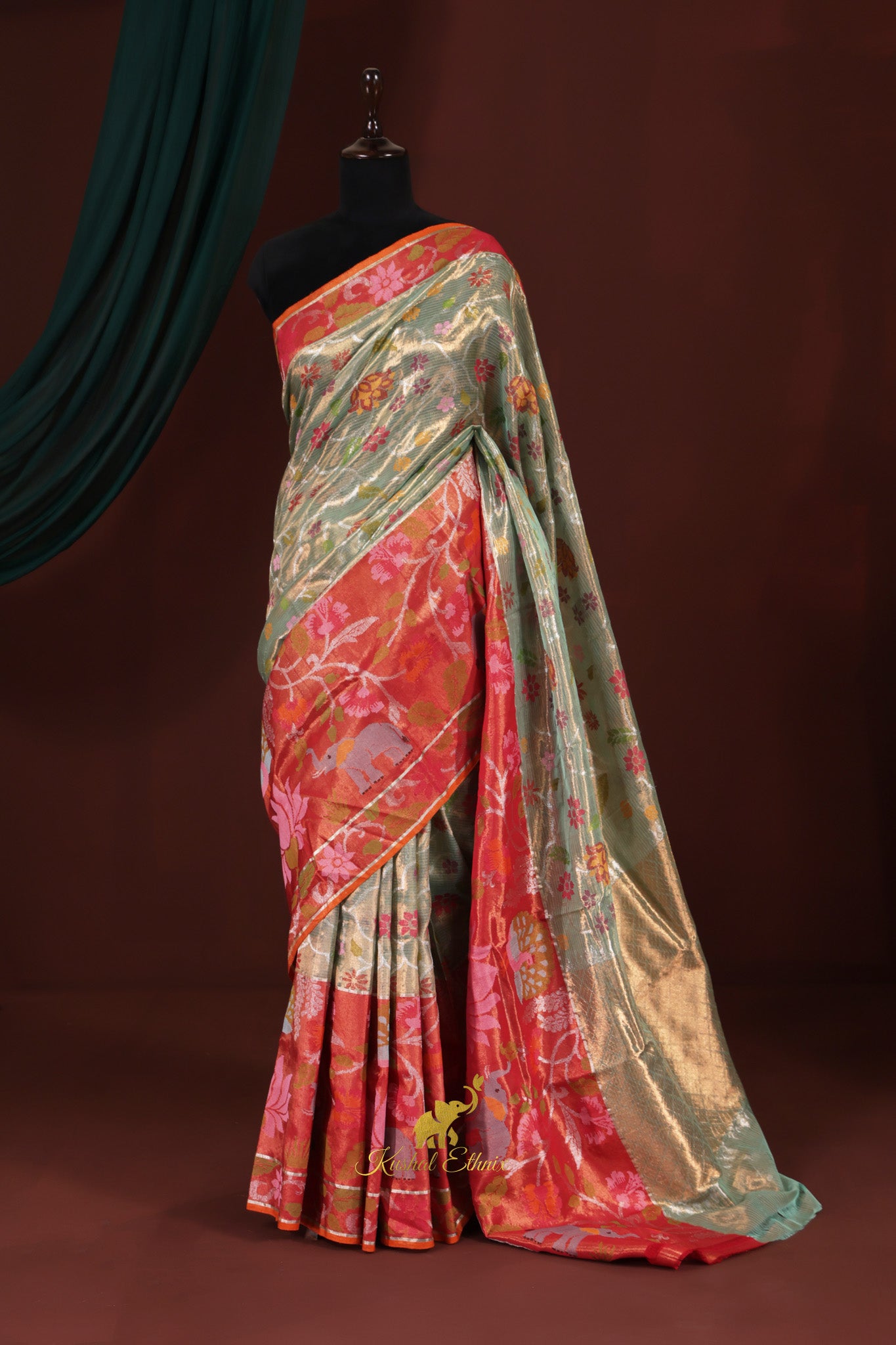 Sage green and Coral pink Double tissue zarikota saree