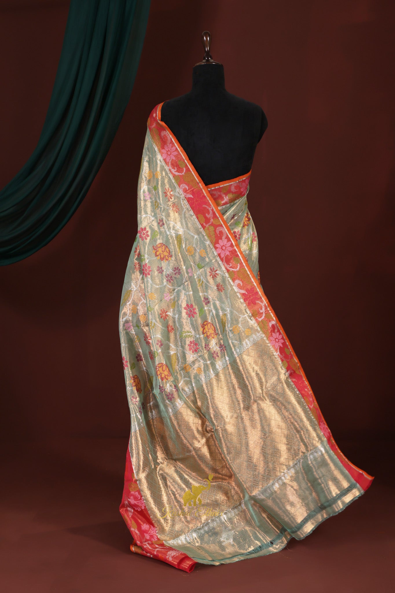 Sage green and Coral pink Double tissue zarikota saree