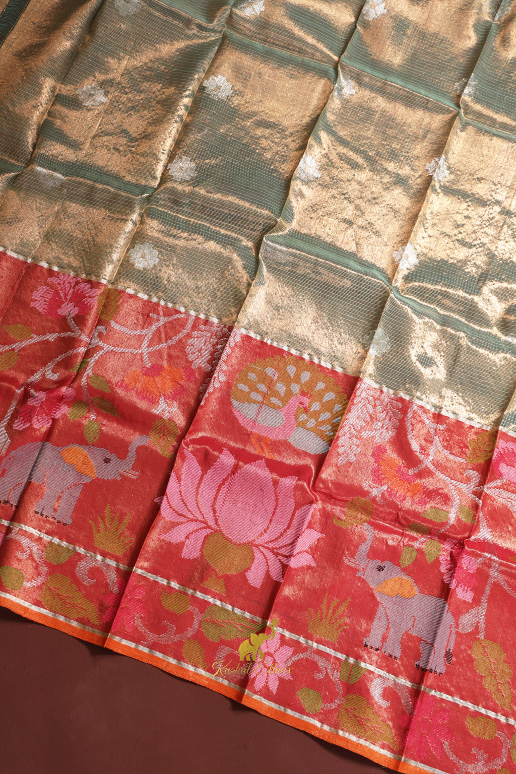 Sage green and Coral pink Double tissue zarikota saree